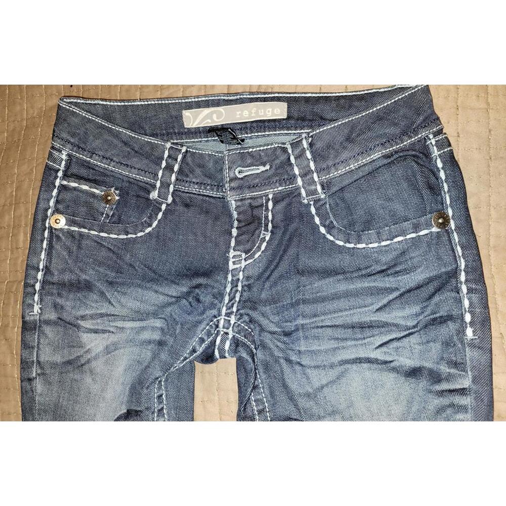 refuge Women's Boot Cut Jeans in Dark Indigo with White Stitching